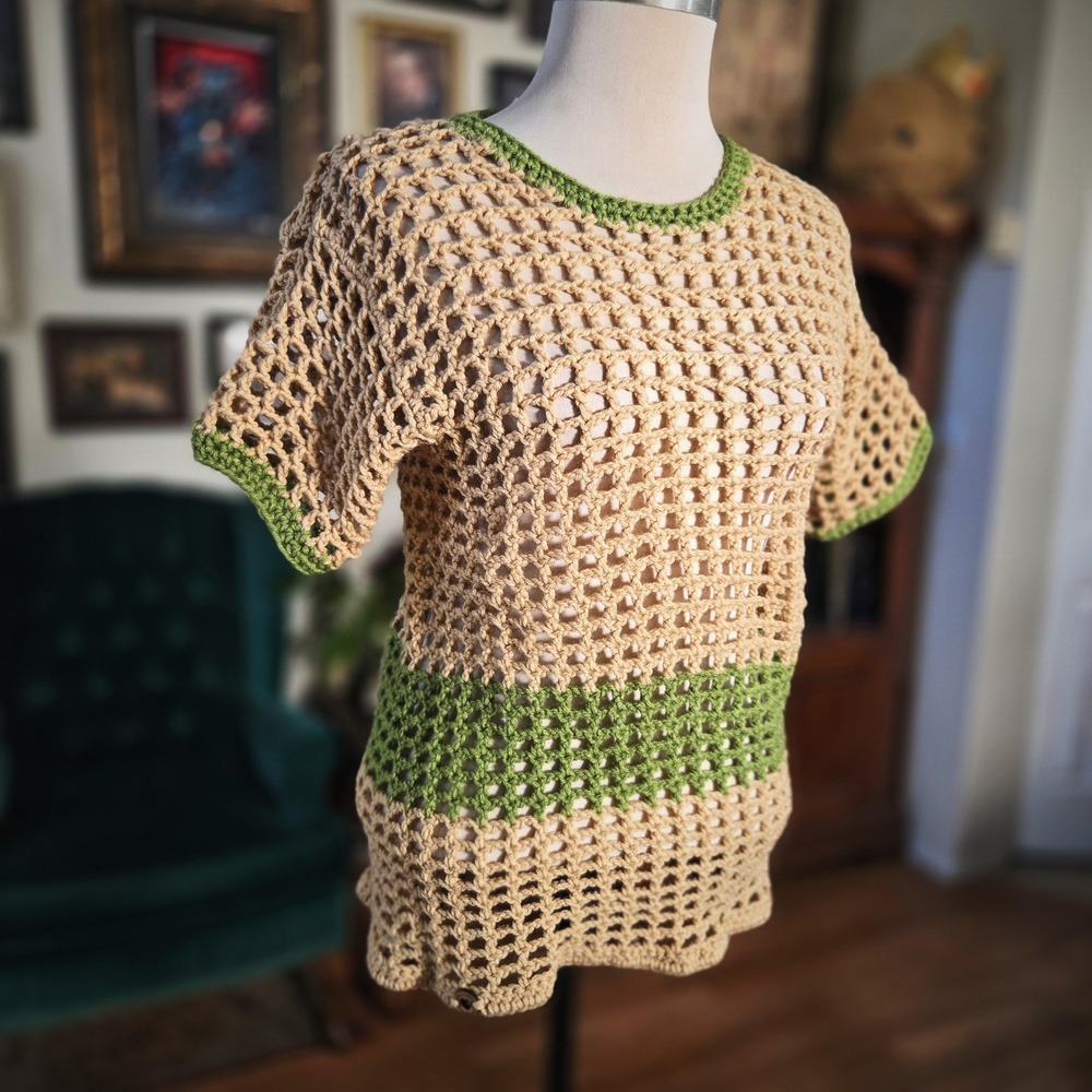 Samz Creationz Handmade Crochet Mesh Top Tan Green Boho Open Knit Short Sleeve